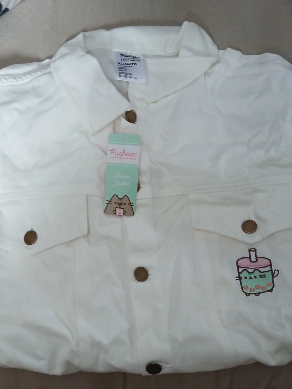 Pusheen White Denim Jacket with Cute Drink Embroidery